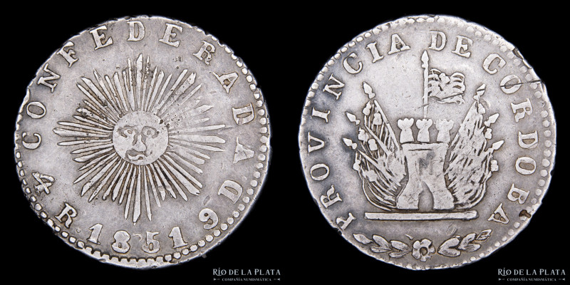 Argentina. Córdoba. 4 Reales 1851. Sol grande. AG.750; 29.5mm; 13.47g. CJ 61.2.1...