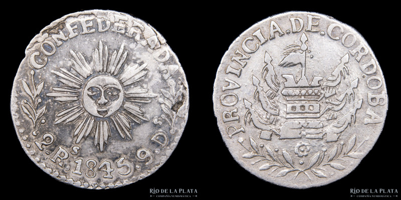 Argentina. Córdoba. 2 Reales 1845. AG.750; 25.2mm; 7.40g. CJ 51.2.1 (A5-R8) (XF)...