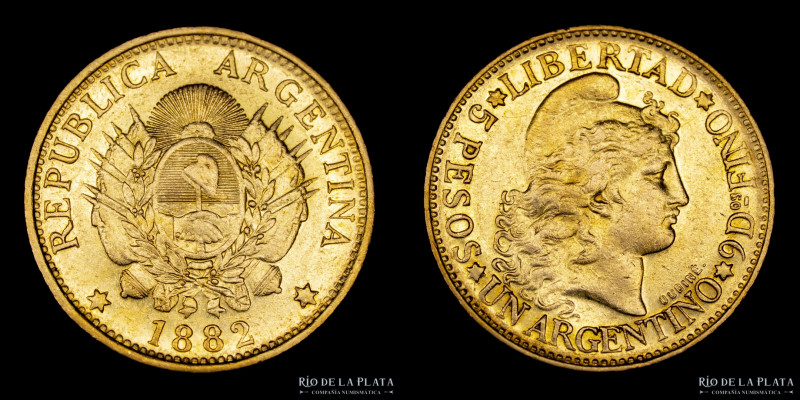 Argentina. 5 Pesos 1882 "Argentino de oro". Oro AU.900, 22.1mm; 8.07g. Ceca de B...