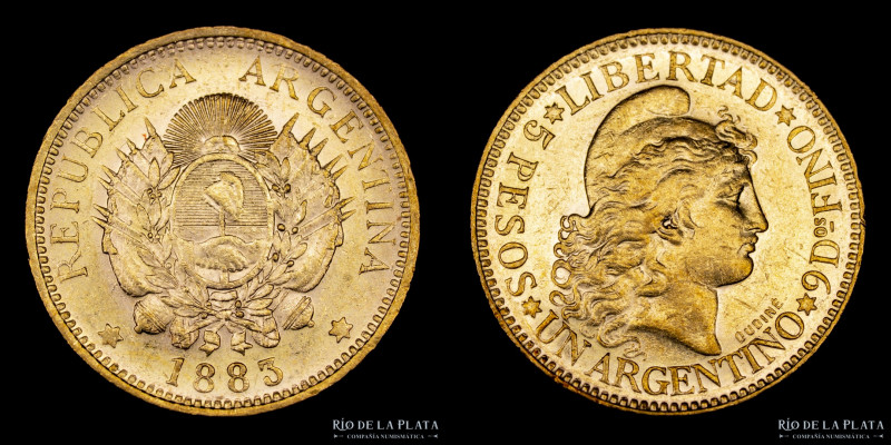 Argentina. 5 Pesos 1883 "Argentino de oro". Oro AU.900; 22.1mm; 8.07g. Ceca de B...