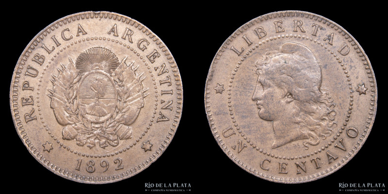 Argentina. 1 Centavo 1892. Buenos Aires mint. CU; 25.0mm; 5.00g. CJ 47; KM32 (XF...