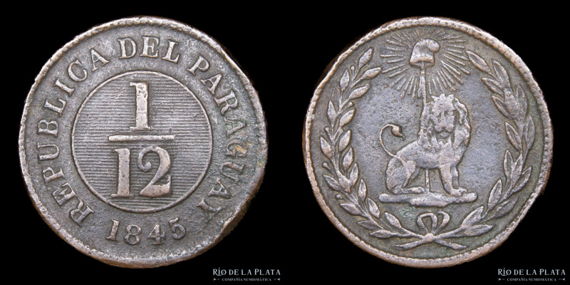 Paraguay. 1/12 Real 1845. Asunción Crude. 38 Rayos. CU; 24.0mm; 5.92g. KM1.2 (XF...