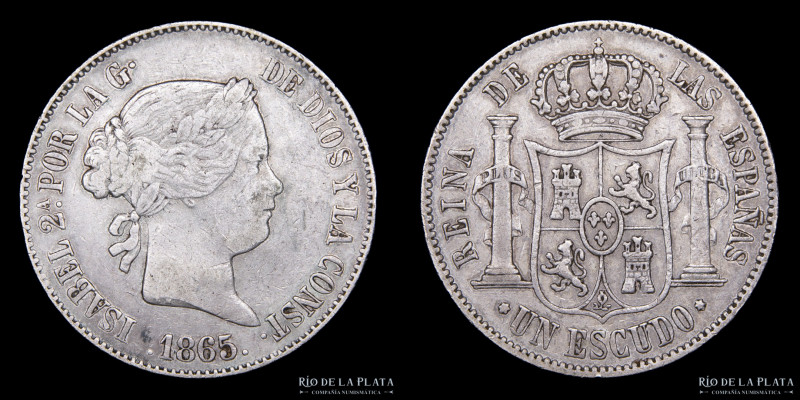 España. Isabel II (1833-1868) 1 Escudo 1865. AG.900; 29.0mm; 12.77g. KM626 (XF)...