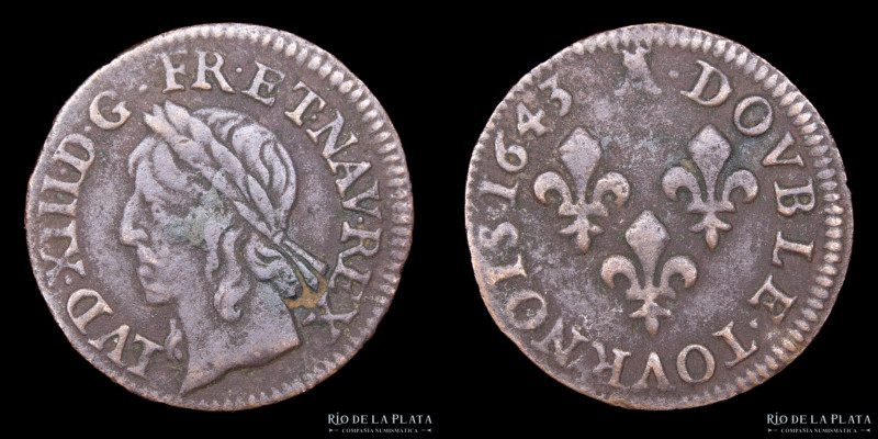 Francia. Luis XIII (1610-1763) Double Tournois 1643. CU; 19.7mm; 2.37g. A: LVD. ...