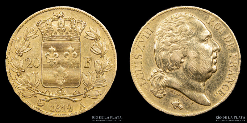 Francia. Luis XVIII (1815-1824) 20 Francs 1819 A. AU.900; 21.0mm; 6.35g. AGW 0.1...