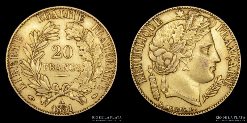 Francia. 2º República (1848-1852) 20 Francs 1851 A. Ceca de París. AU.900; 21.0m...