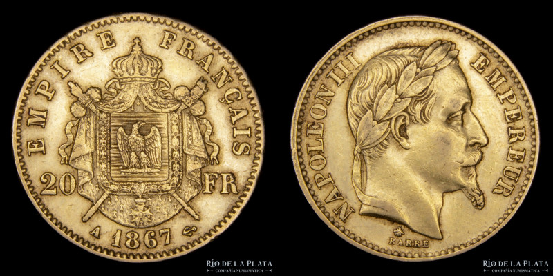 Francia. Napoleón III (1852-1870) 20 Francs 1867 A. Ceca de París. AU.900; 21.0m...