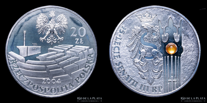 Polonia. 20 Zlotych 2004. Senado Polaco. AG.999 con detalle en ambar; 38.6mm; 28...