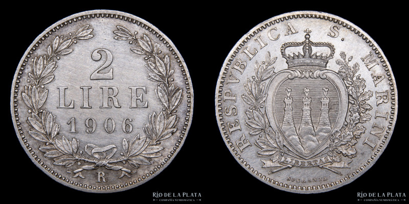 San Marino. 2 Lire 1906 R. AG.835; 27mm; 10g. KM5 (aUNC) Limpiada

Estimate: U...