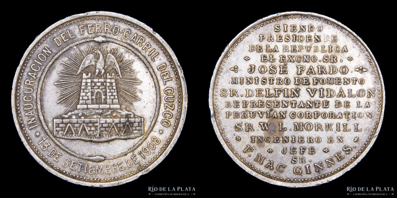 Perú. Ferroviaria. 1908. Ferrocarril del Cuzco. Plata; 34mm; 20g. (VF)

Estima...