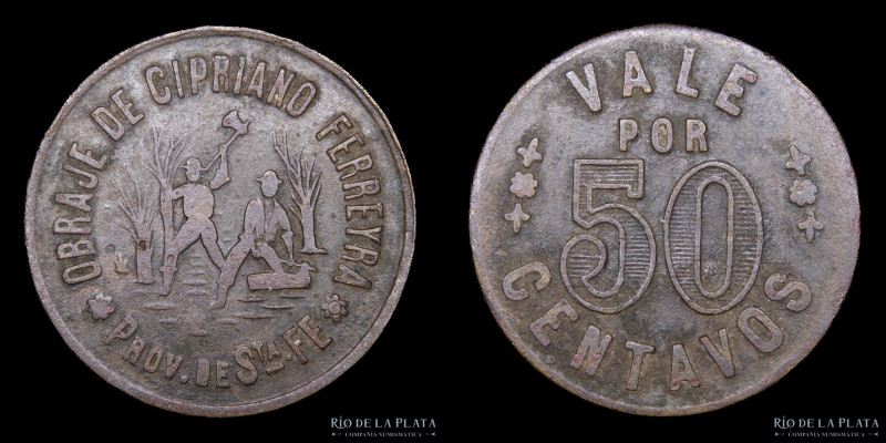 Argentina. Ficha. Forestal. 50 Centavos. Obraje Cipriano Ferreira. Provincia de ...