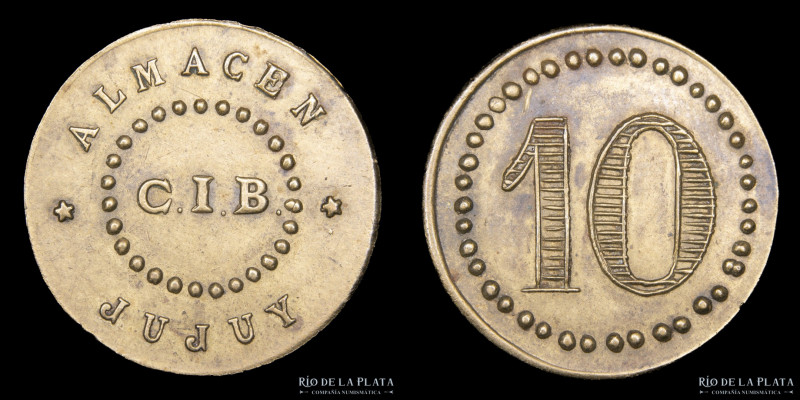 Argentina. Ficha. Valor 10. Almacen CIB. Jujuy. Bronce; 20mm; 2.04g. (XF)

Est...