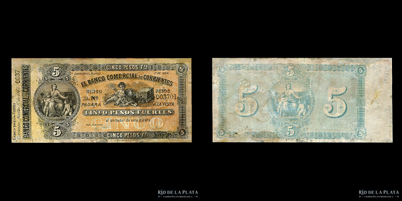 Argentina. Corrientes. El Banco Comercial de Corrientes. 5 Pesos 1/3/1868. Bauma...