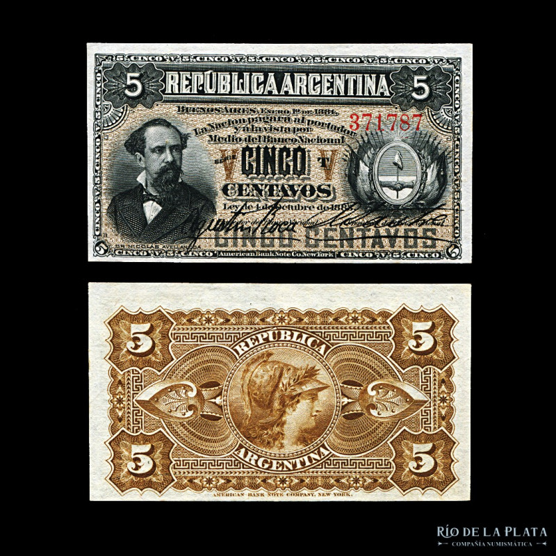 Argentina. Fraccionarios ABN. 5 Centavos 1884 (Avellaneda). Firmas: Roca - Sastr...