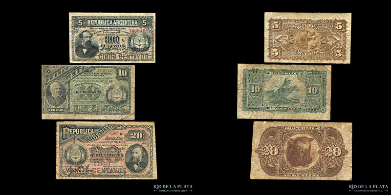 Argentina. Fraccionarios ABN 1884. Lote x 3. Incluye: 20 Centavos (Mitre), 10 Ce...