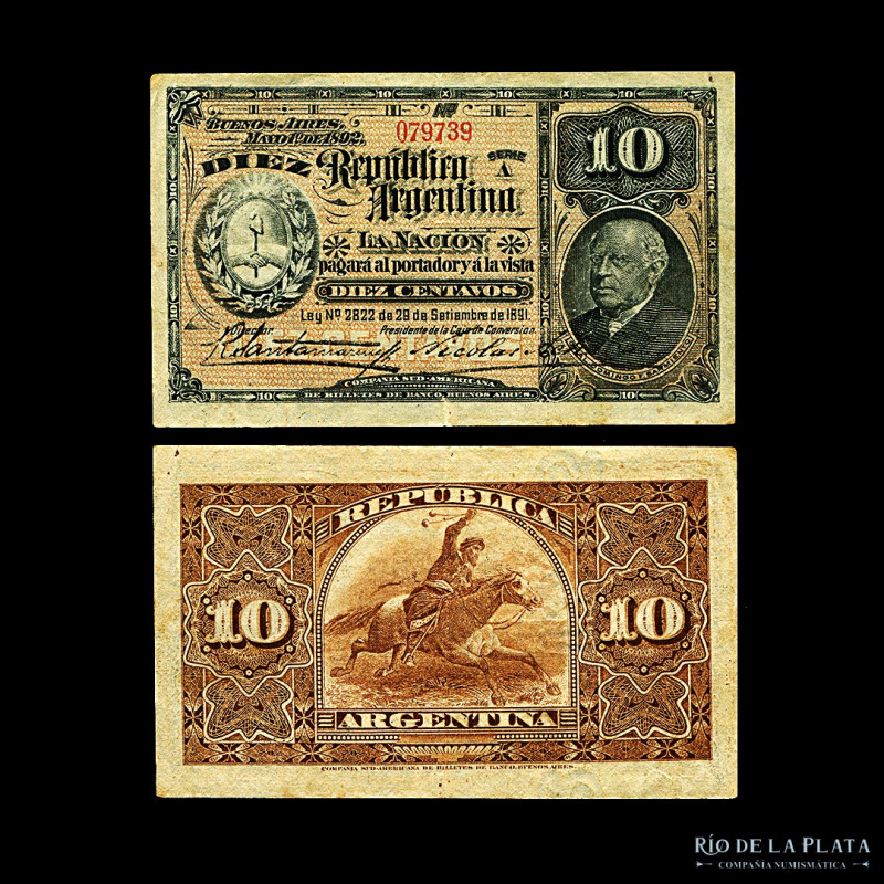 Argentina. Caja de Conversión - Fraccionarios. 10 Centavos 1894 (Sarmiento). Fir...