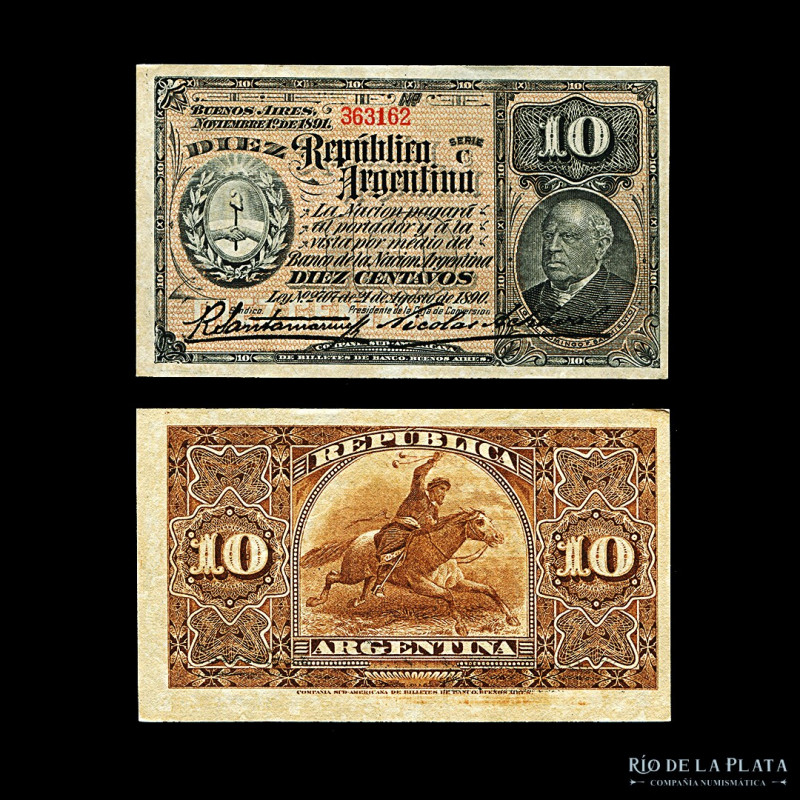 Argentina. Caja de Conversión - Fraccionarios. 10 Centavos 1893 (Sarmiento). Fir...