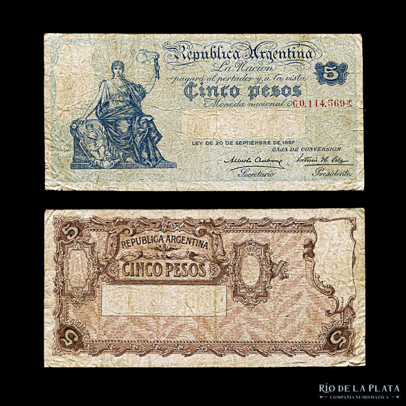 Argentina. Caja Conversión. 5 Peso 1904 Signos. Con signo antes y letra después ...