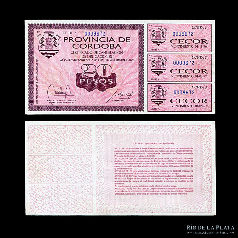 Argentina. Córdoba. Bono 20 Pesos 1995. Col Bonos 261 (UNC)

Estimate: USD 35-...