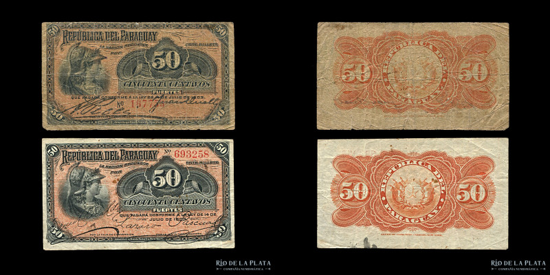 Paraguay. 2 x 50 Centavos Fuertes 1903. Diferentes firmas Impresos en American B...