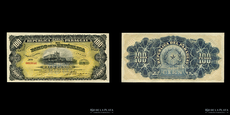 Paraguay. El Banco de la República. 100 Pesos 1907. Firmas: Viveros - Casaccia. ...