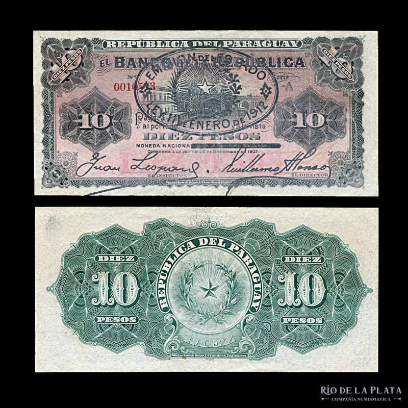 Paraguay. El Banco de la República. 10 Pesos Fuerte 1907. Emisión Provisional, r...