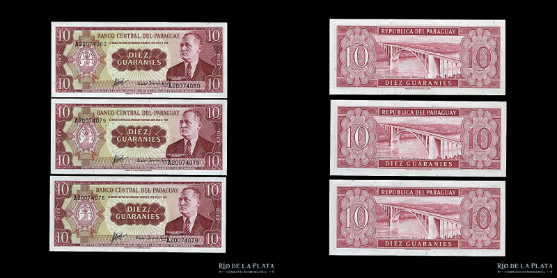 Paraguay. 3 x 10 Guaranies 1963 correlativos. P187; MC 212c2 (UNC)

Estimate: ...