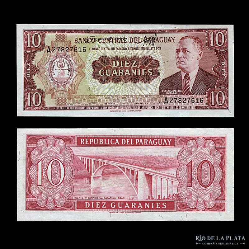 Paraguay. 10 Guaranies 1963, Error firmas superiores. P187; MC 212c2 (UNC)

Es...