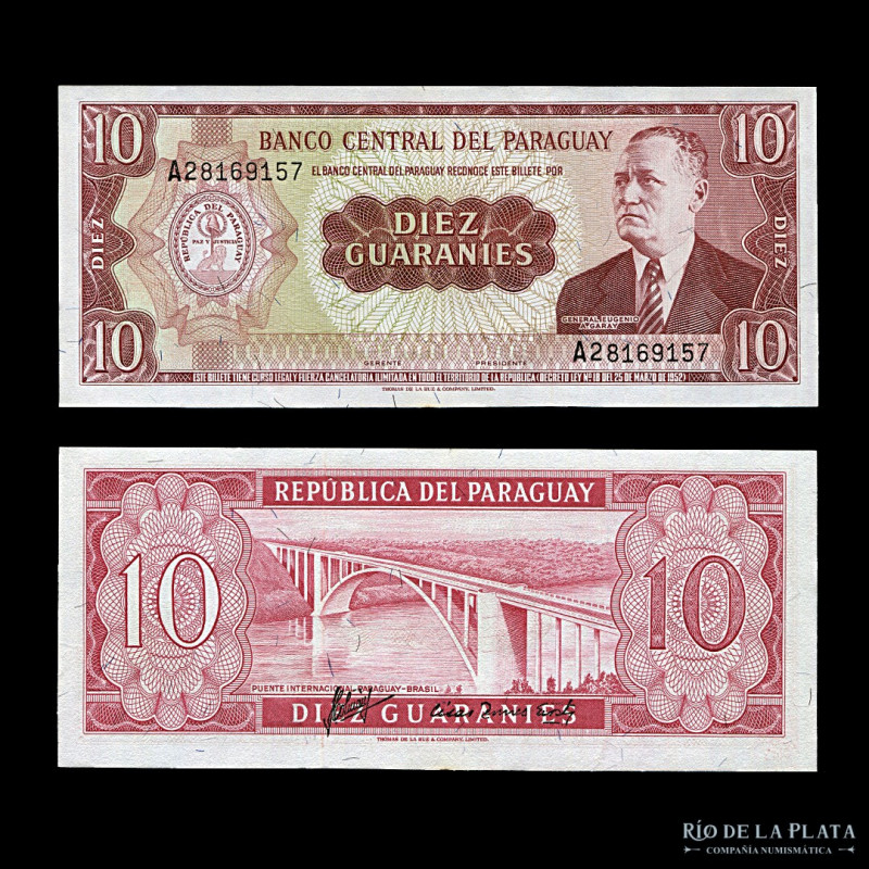 Paraguay. 10 Guaranies 1963, Error firmas en reverso. P187; MC 212c2 (UNC)

Es...