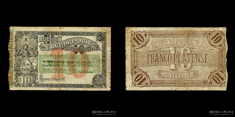 Uruguay. Banco Franco Platense. 10 Pesos 1871. Un Doblón Oro Sellado. American B...