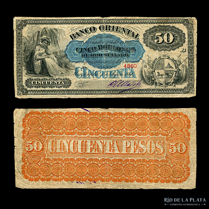 Uruguay. Banco Oriental. 50 Pesos 1867. 1 Doblon de Oro Sellado 1867. Ps387 (VF)...