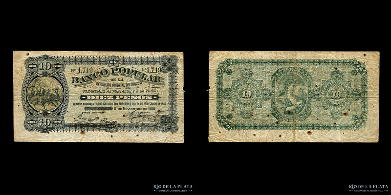 Uruguay. Banco Popular. 10 Pesos 1888. Ps395. Múltiples perforaciones (F)

Est...