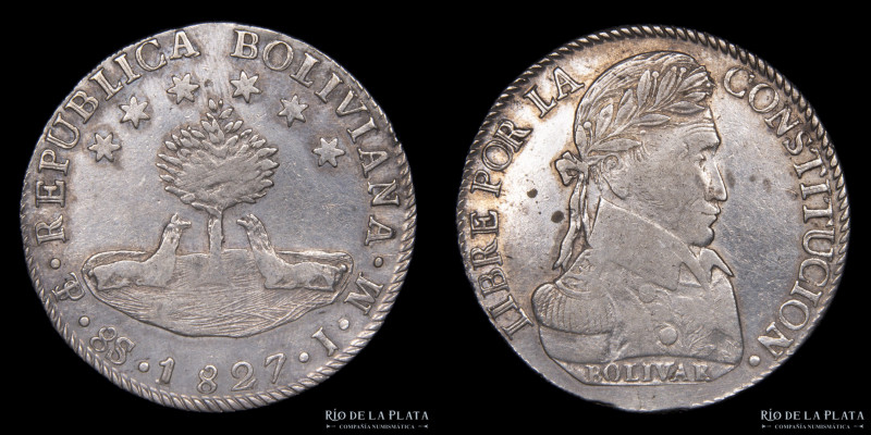 Bolivia. 8 Soles/Sueldos 1827 JM. Simón Bolivar. AG.903; 37.0mm; 26.92g. Primer ...