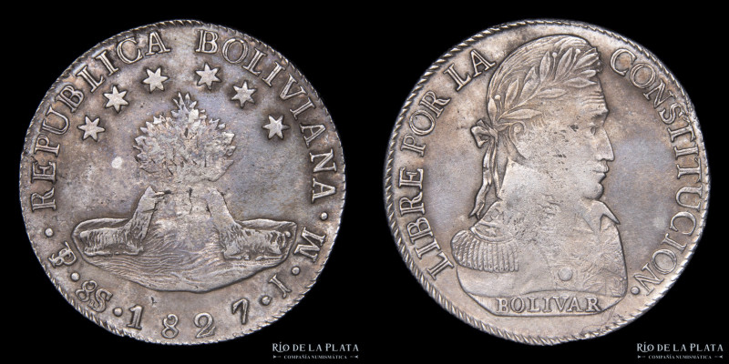 Bolivia. 8 Soles/Sueldos 1827 JM. Simón Bolivar. AG.903; 37.0mm; 26.81g. Primer ...