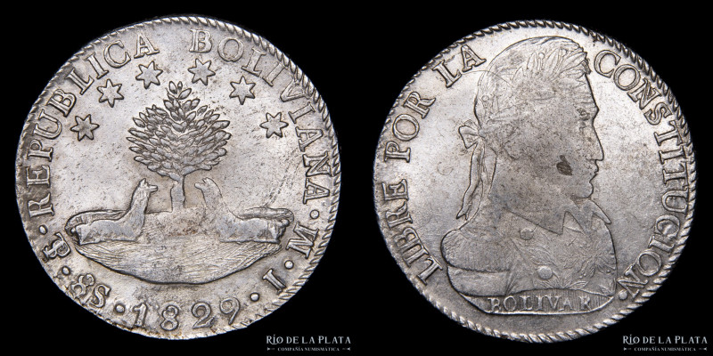 Bolivia. 8 Soles/Sueldos 1829 JM. Simón Bolivar. AG.903; 37.0mm; 26.90g. KM97. A...