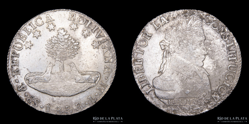 Bolivia. 8 Soles 1833 LM. Simón Bolivar. AG.903; 37.0mm; 27.07g. KM97. Corrosión...