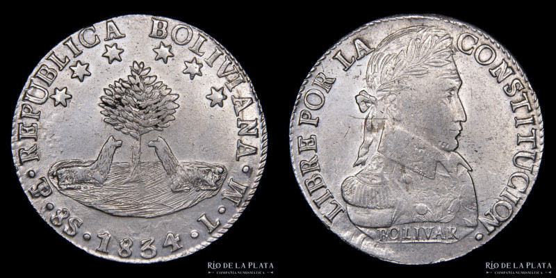 Bolivia. 8 Soles 1834 LM. Simón Bolivar. AG.903; 37.0mm; 26.66. KM97 (VF+) Limpi...