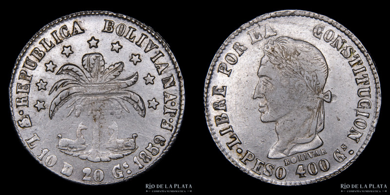 Bolivia. 8 Soles 1859 FJ. PESO 400gs. Simón Bolivar. AG.903; 35.0mm; 20.00g. KM1...