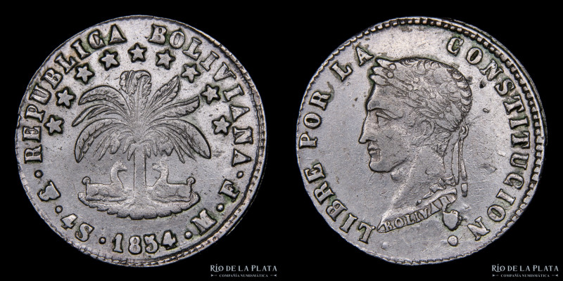 Bolivia. 4 Soles 1854 MF. AG.667; 32mm; 13.41g. KM123.2 (XF+) 

Estimate: USD ...