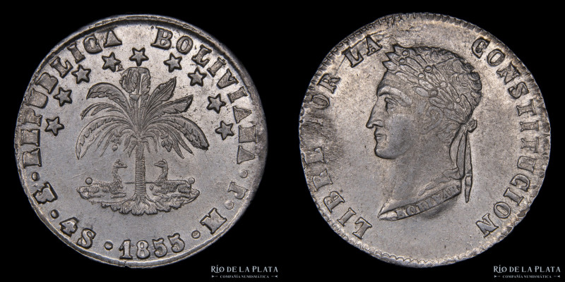 Bolivia. 4 Soles 1855 MJ. AG.667; 32mm; 13.83g. KM123.2 (aUNC) Linea detrás de l...