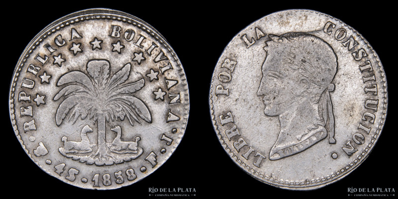 Bolivia. 4 Soles 1858 FJ. AG.667; 32mm; 13.14g. KM123.2 (VF) 

Estimate: USD 2...