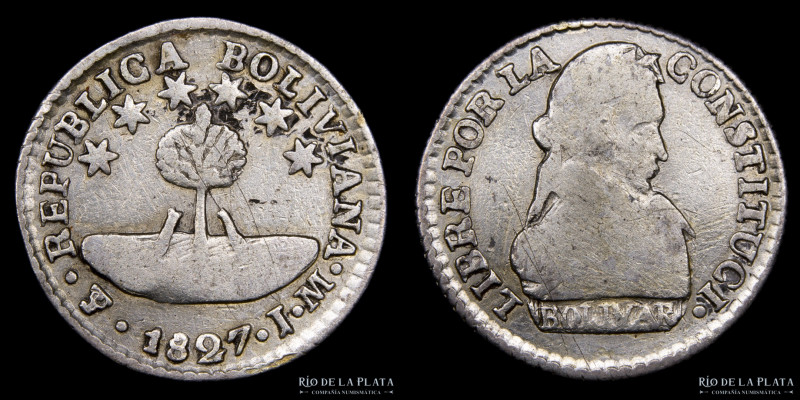 Bolivia. 1/2 Sol / Sueldo 1827 JM. "CONSTITUCI" AG.903; 17mm; 1.66g. Muy escasa....