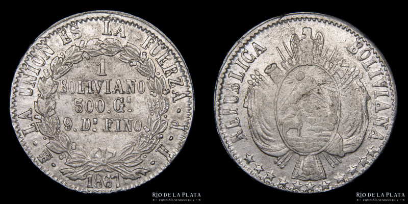 Bolivia. 1 Boliviano 1867 FE. AG.900, 36.0mm; 23.90g. KM152.2 (VF+) 

Estimate...