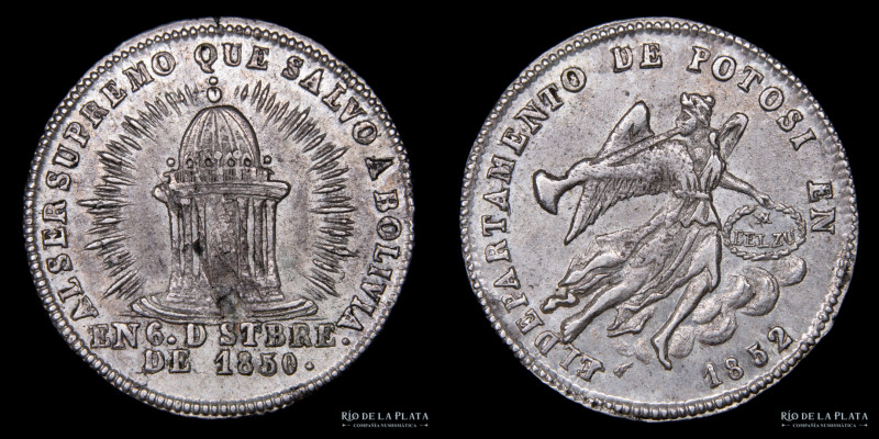 Bolivia. 1852. 2 Soles. Rotonda de Sucre. Vírgen del Cármen. AG; 26mm; 6.8g. Res...