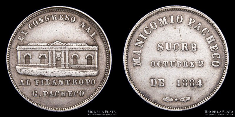 Bolivia. 1885. El Congreso Nacional al Filántropo Gregorio Pacheco. AG; 23mm; 4....