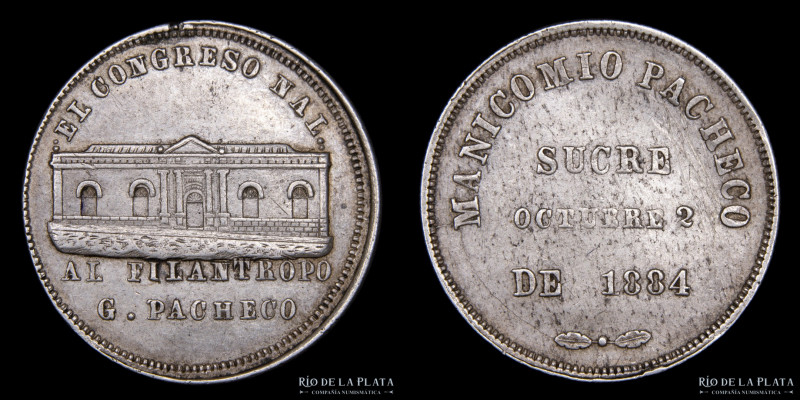 Bolivia. 1885. El Congreso Nacional al Filántropo Gregorio Pacheco. AG; 23mm; 4....