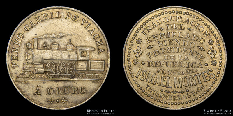 Bolivia. 1906. Ferrocarril de Viacha a Oruro. AE; 30mm; 11.2g. A: Representación...