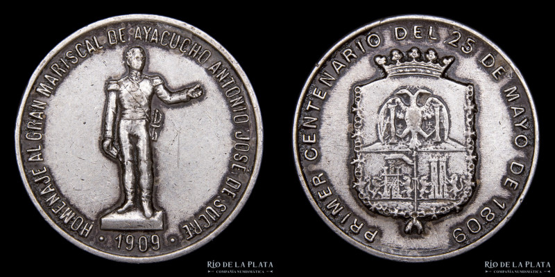 Bolivia. 1909. Homenaje al Mariscal Sucre. Plata; 23.5mm; 6.4g. RTB 543

Estim...