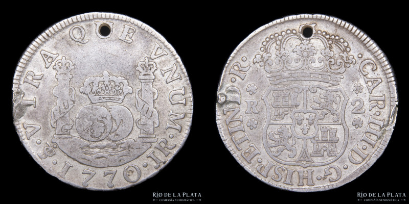 Potosí. Carlos III (1759-1788) 2 Reales 1770 JR Columnaria (José de Vargas y Flo...