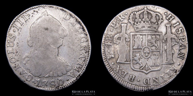 Potosí. Carlos III (1759-1789) 4 Reales 1780 PR (Pedro Mazondo, Raymundo de Ytur...